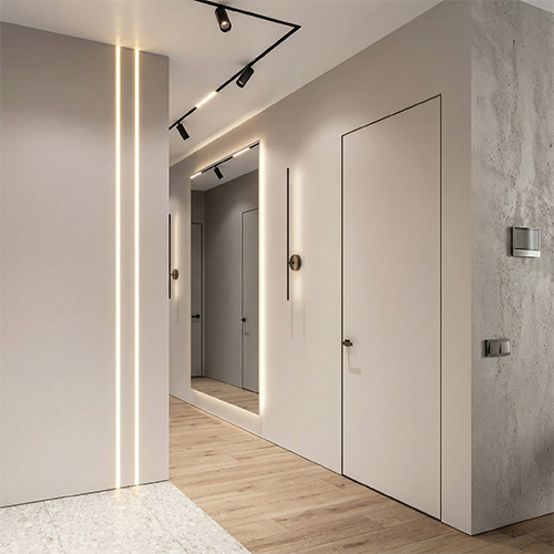 Skryté dveře s designovou betonovou stěrkou lícující se stěnou