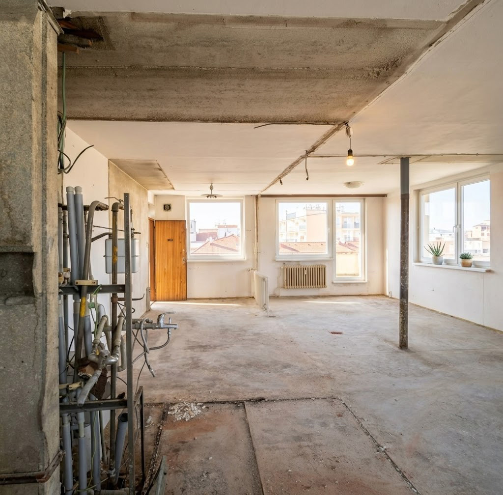 Vyklizený byt připravený na kompletní rekonstrukci s obnaženými stěnami