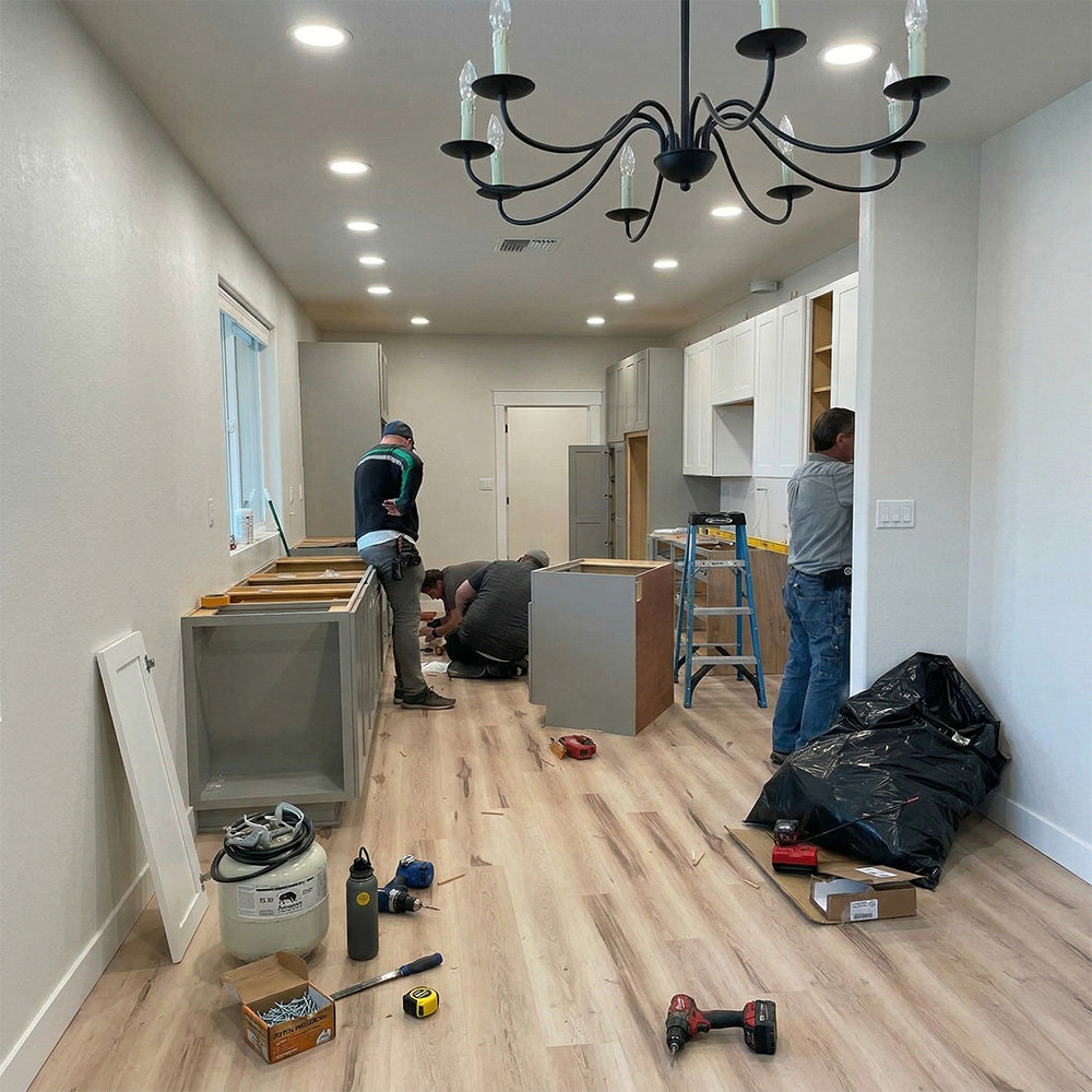 Vizualizace rekonstrukce bytu s moderními dveřmi