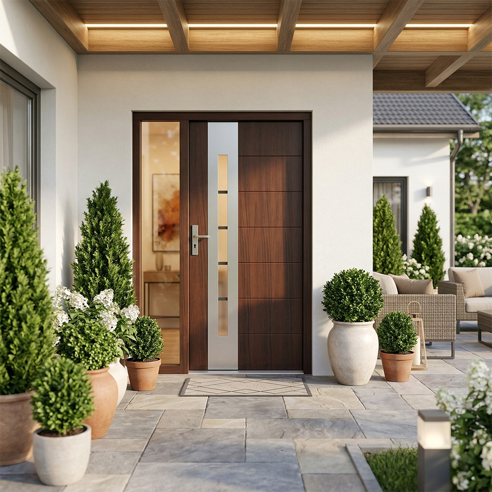 Moderní a bezpečné vchodové dveře z vnitřní strany elegantní chodby